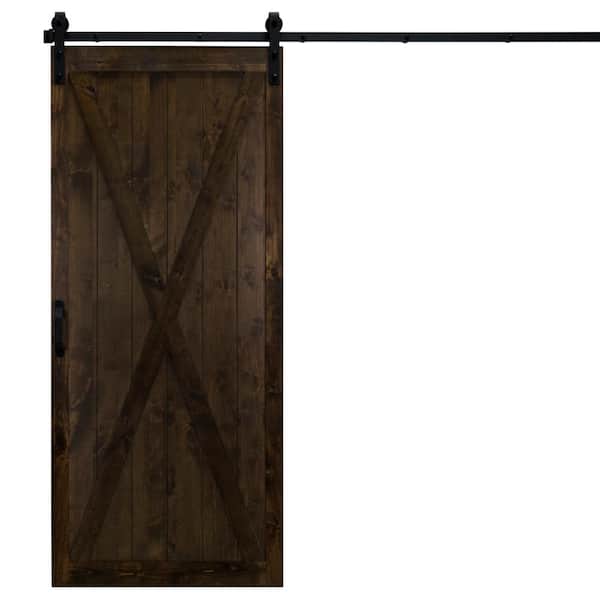 Dogberry Collections 36 in. x 84 in. Classic X Dark Chocolate Alder Wood Interior Sliding Barn Door Slab with Hardware Kit