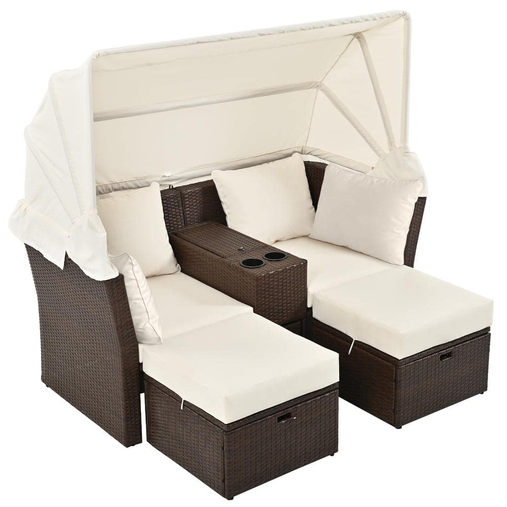 Brown 2-Piece Metal Outdoor Double Day Bed with Beige Cushions for Garden, 