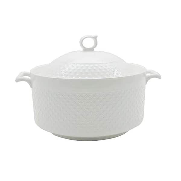 Ceramic Soup Tureen Pot, 3.8 qt. Large Capacity Serving Bowl with Lid and Handles, Microwave and Dishwasher Safe, White