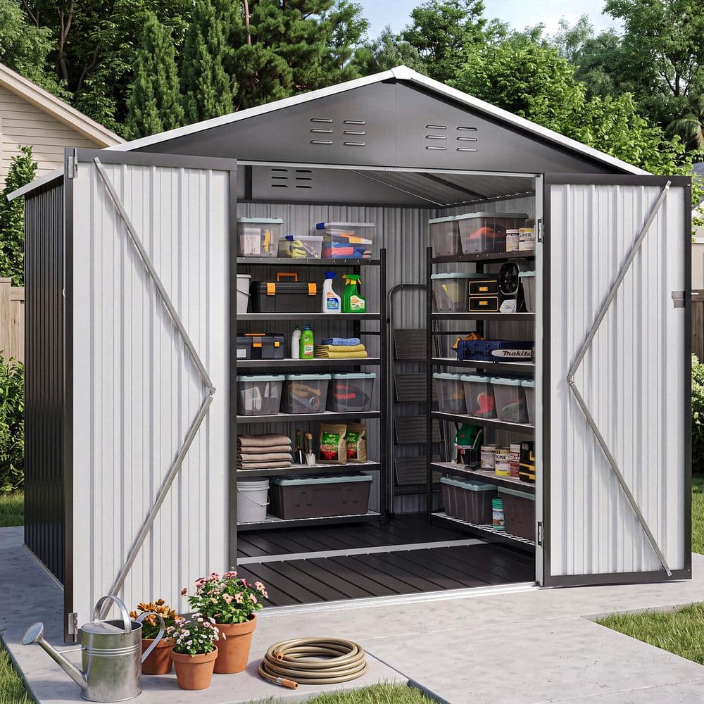 Sizzim 8 ft. W x 6 ft. D Black Metal Shed with Floor, Lockable