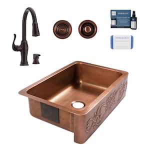 Ganku 33 in. Farmhouse Apron Undermount Single Bowl 16 Gauge Antique Copper Kitchen Sink with Maren Bronze Faucet Kit