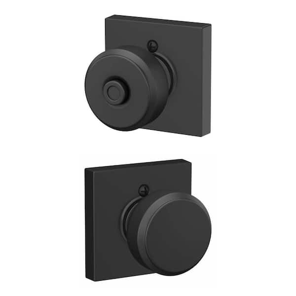 Bowery Matte Black Privacy Bed/Bath Door Knob with Collins Trim and Dummy Door Knob Combo