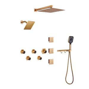 4 Spray 2.5 GPM 12 in. Wall Mounted Rainfall Dual Shower Heads with Handheld and Body Jets in Brushed Gold
