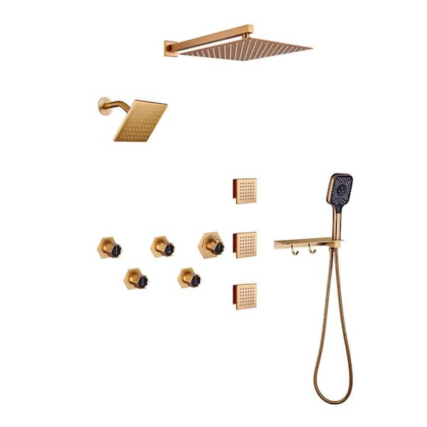 Mondawe 4 Spray 2.5 GPM 12 in. Wall Mounted Rainfall Dual Shower Heads with Handheld and Body Jets in Brushed Gold