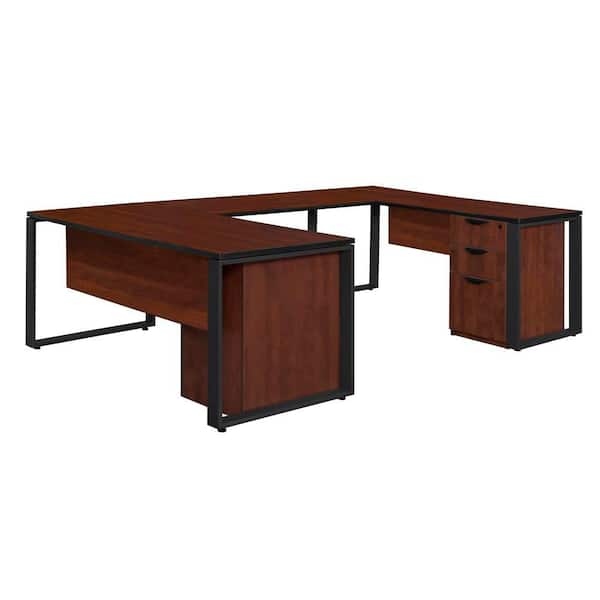 Regency Caranna 66 in. x 30 in. Cherry/Black Double Laminate Pedestal U-Desk with 48 in. Bridge