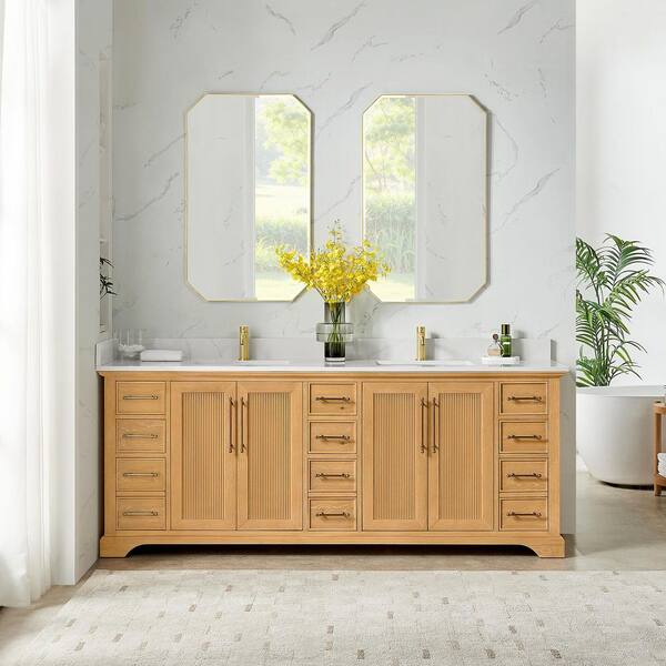 Tokyo 84 in. W. x 22 in. D x 44 in. H Double Bath Vanity in Oak Natural Brown with Silk White Quartz Stone Top