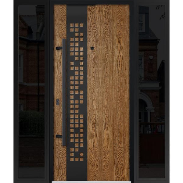 VDOMDOORS 6678 60 in. x 80 in. Right-hand/Inswing 2 Sidelights Natural Oak Steel Prehung Front Door with Hardware