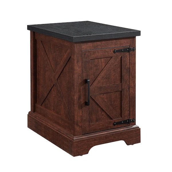 Unbranded 23.94 in. H Brown Wood Rectangle Outdoor Side Table with Barn Door and Adjustable Shelf for Living Room, Bedroom