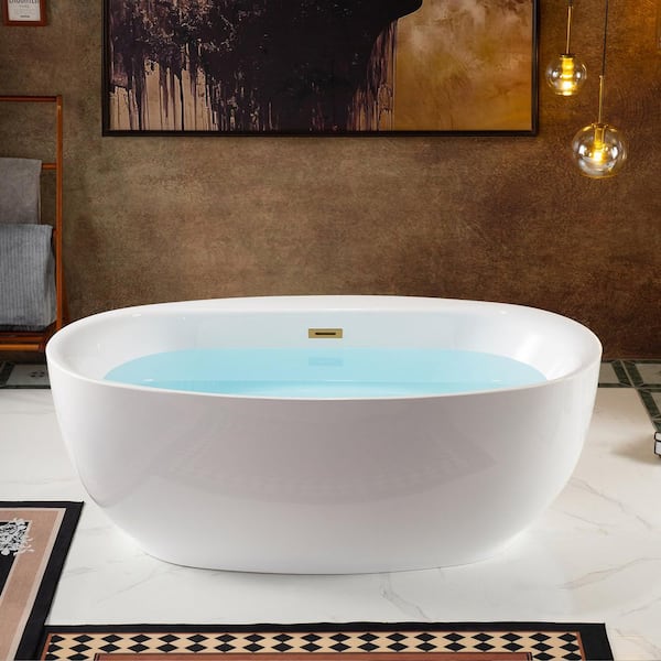 66 in. L x 36 in. W Acrylic Flatbottom Freestanding Soaking Bathtub in White with Brushed Gold Drain