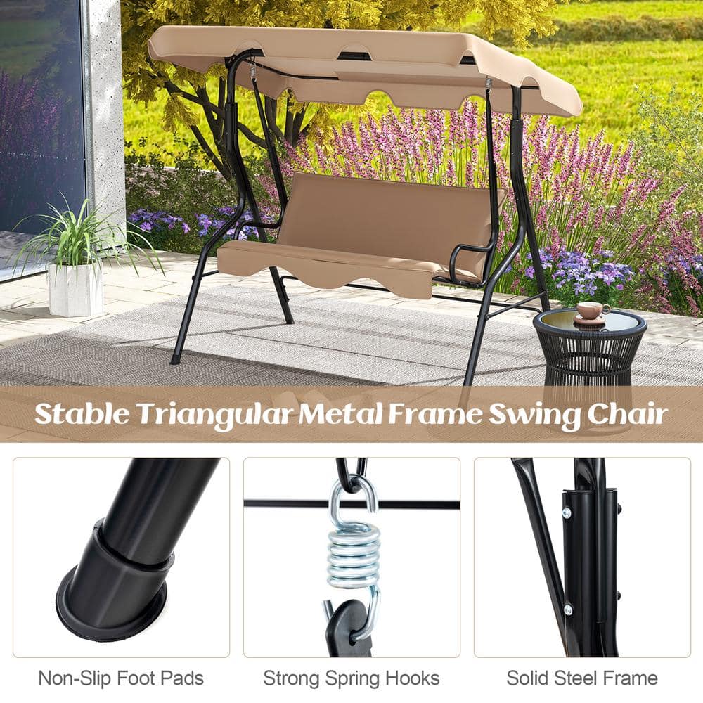 Beige Metal Frame Outdoor Patio Swing with Adjustable Canopy