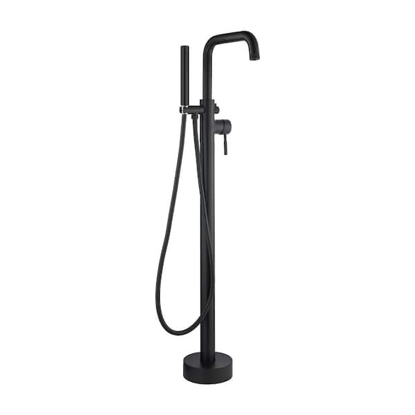 Single-Handle Freestanding Floor Mount Tub Faucet Bathtub Filler with Hand Shower in Matte Black