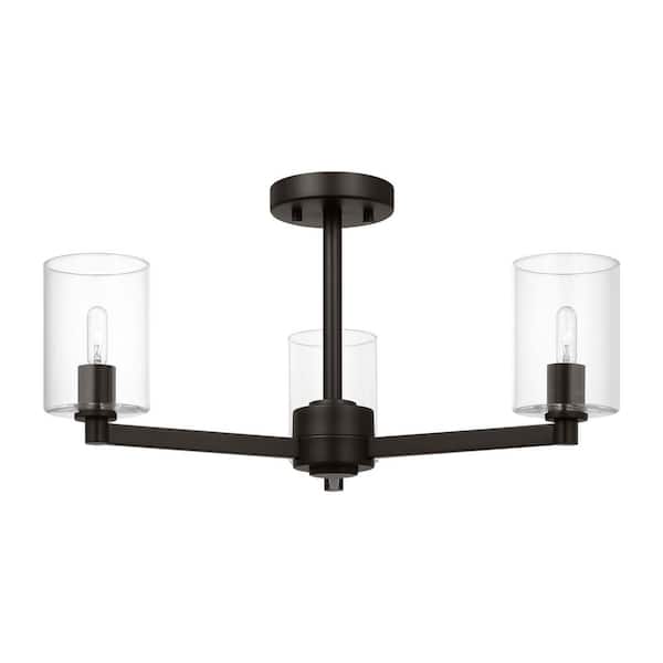 Generation Lighting - Fullton 20 in. Modern 3-Light Indoor Dimmable Midnight Black Semi-Flush Ceiling Mount Light with Clear Glass Shades