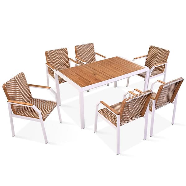 Sudzendf 7-Piece Brown Wicker Outdoor Dining Set for Garden, Backyard, Lawn, and Poolside