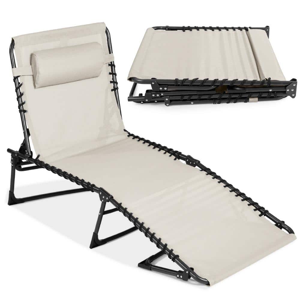 Ivory Adjustable Folding Outdoor Chaise Lounge Chair with Cushions