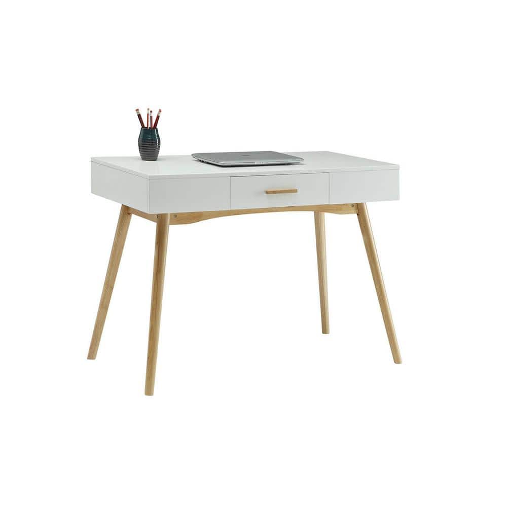 White Rubberwood Mid Century Modern Desk with Drawer