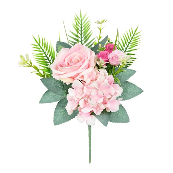 LIVING LUXURY 11 in. Blush Pink Artificial Delicate Mixed Rose Hydrangea Flower Stem Bush Bouquet (Set of 4)
