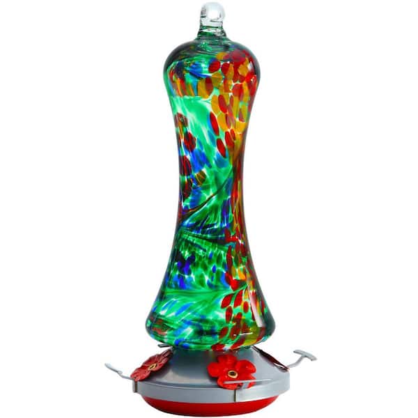 Phewnyzo Unique Design Green Glass Hanging Humming Bird Nectar Feeder-20 oz. (1-Pack)
