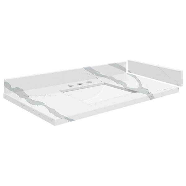 Transolid Silestone 34.5 in. W x 22.25 in. D Quartz White Rectangular Single Sink Vanity Top in Bianco Calacatta