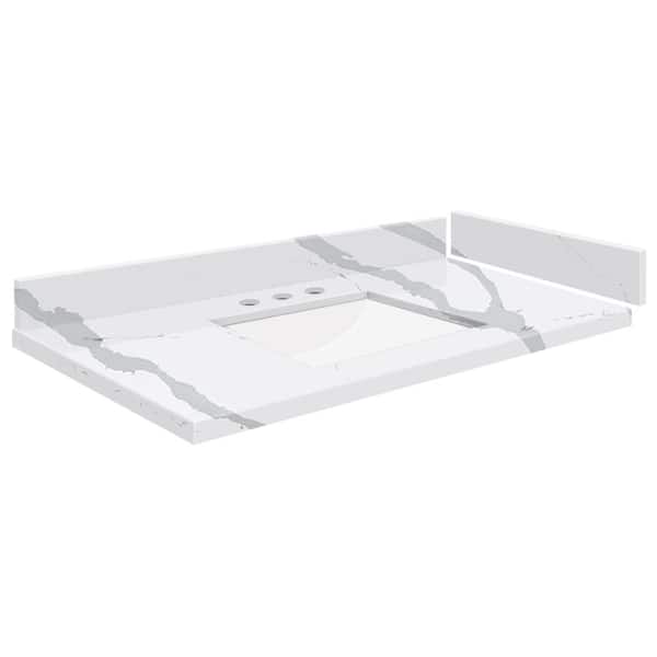 Transolid Silestone 36.5 in. W x 22.25 in. D Quartz White Rectangular Single Sink Vanity Top in Bianco Calacatta
