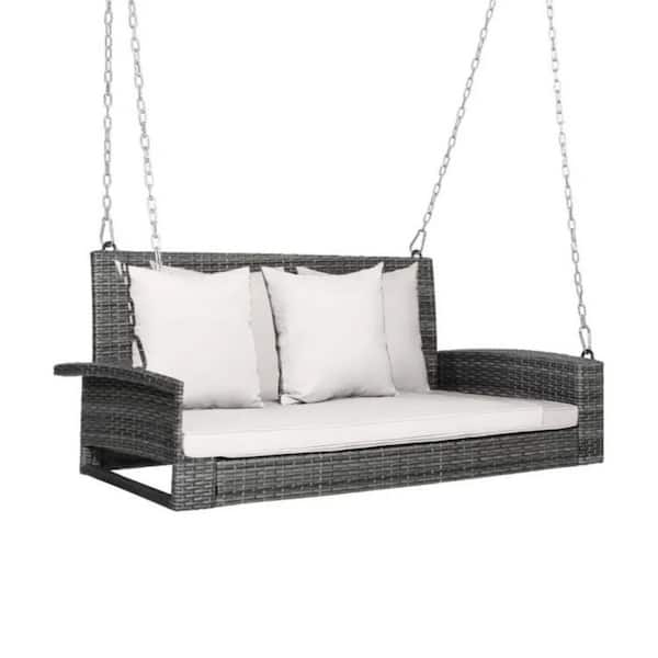 2-Person Patio PE Wicker Hanging Porch Swing Bench Chair Cushion 800 lbs.