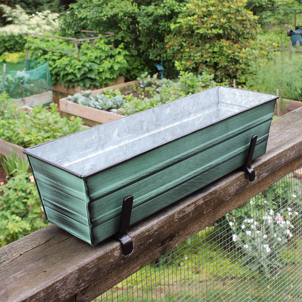 Small Green Galvanized Metal Planter Box with Brackets