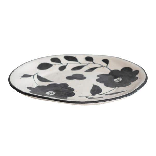 Hand-Painted Black and White Ceramic Floral Appetizer Plate