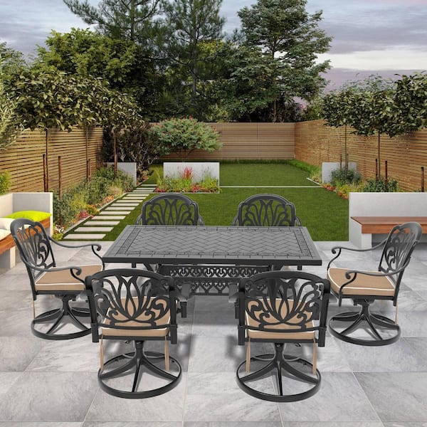 Black 7-Piece Cast Aluminum Rectangular Table Outdoor Dining Set with Swivel Chairs and All-Weather Cushions