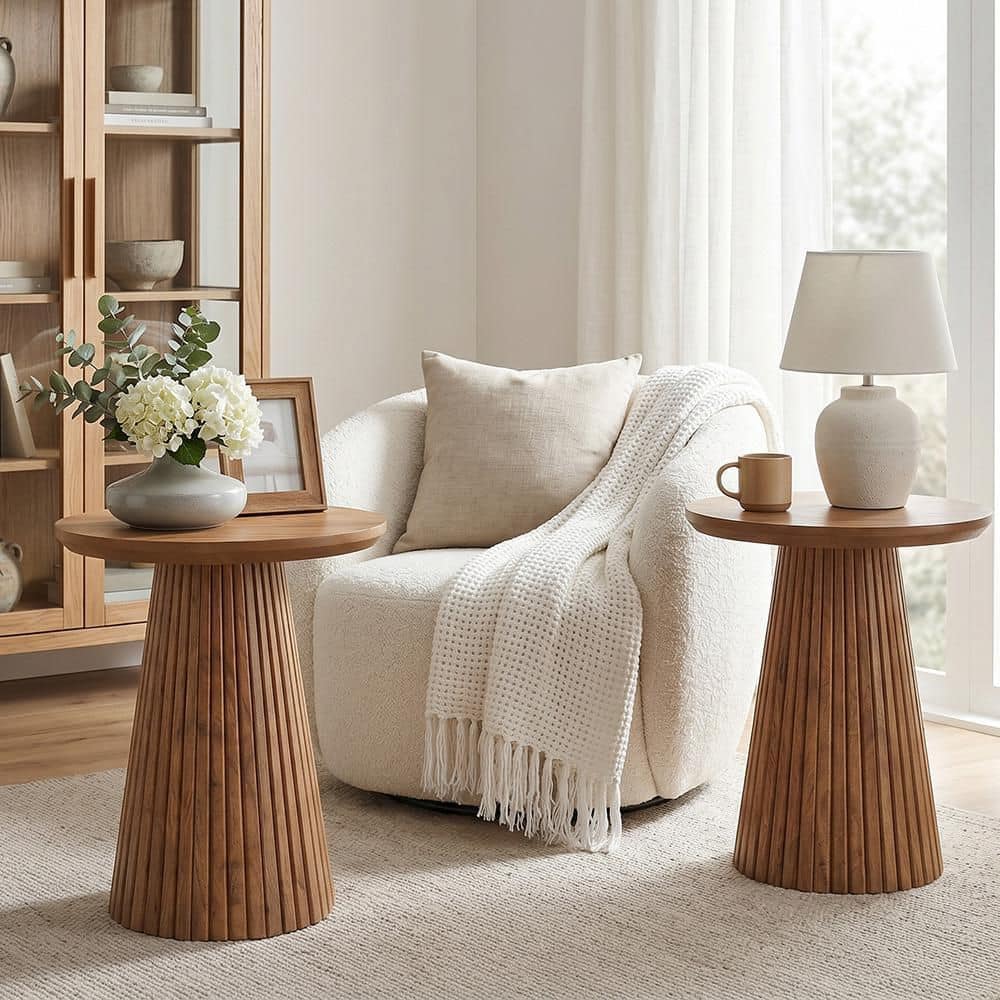 Kerlin 19 in. Rustic Brown Round Solid Wood End Table Set of 2