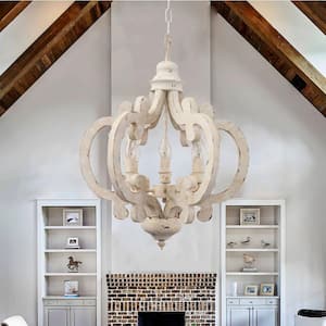 6-Light Distressed White Cottage Chic Crown Chandelier with Farmhouse Wooden Pendant