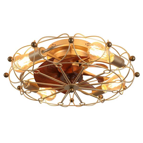 Jushua 20 in. Indoor Modern Industrial Gold Metal Cage 6-Speed Reversible Ceiling Fan Light with 4 LED tungsten Light Bulb
