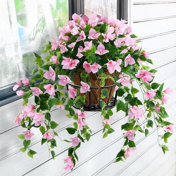 Unbranded 10 in. Pink Artificial Bougainvillea Silk Vine Flowers Hanging Basket