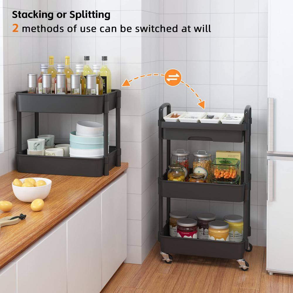 Black Metal 3-Tier Rolling Utility Storage Cart with Wheels