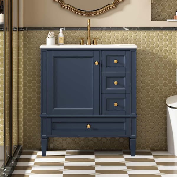 30 in. Freestanding Blue Bath Vanity with White Ceramic Top, 3-Drawers and Solid Wood Frame