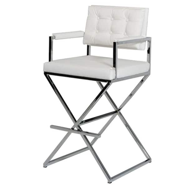 Benjara 30 in. White High Back Metal Frame Bar Stool with Leather Seat