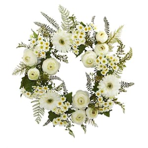 24 in. Artificial Mixed Daisies and Ranunculus Wreath