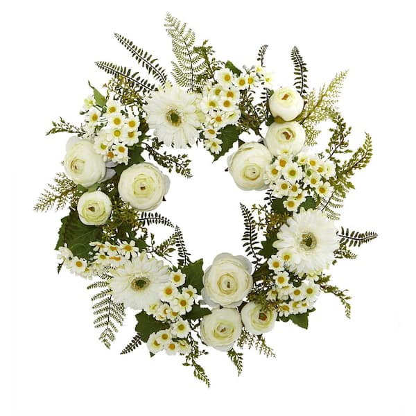 Nearly Natural 24 in. Artificial Mixed Daisies and Ranunculus Wreath