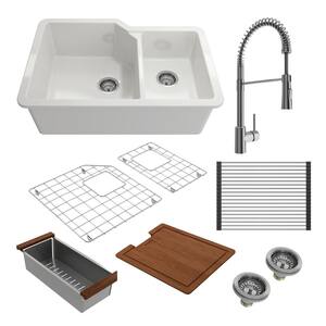 Sotto White Fireclay 33 in. 60/40 Double Bowl Drop-In/Undermount Kitchen Sink with Faucet and Accessories