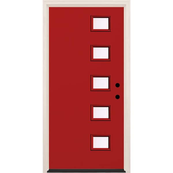 Builders Choice 36 in. x 80 in. Left-Hand/Inswing 5 Lite Clear Glass Ruby Red Painted Fiberglass Prehung Front Door w/6-9/16 in. Frame