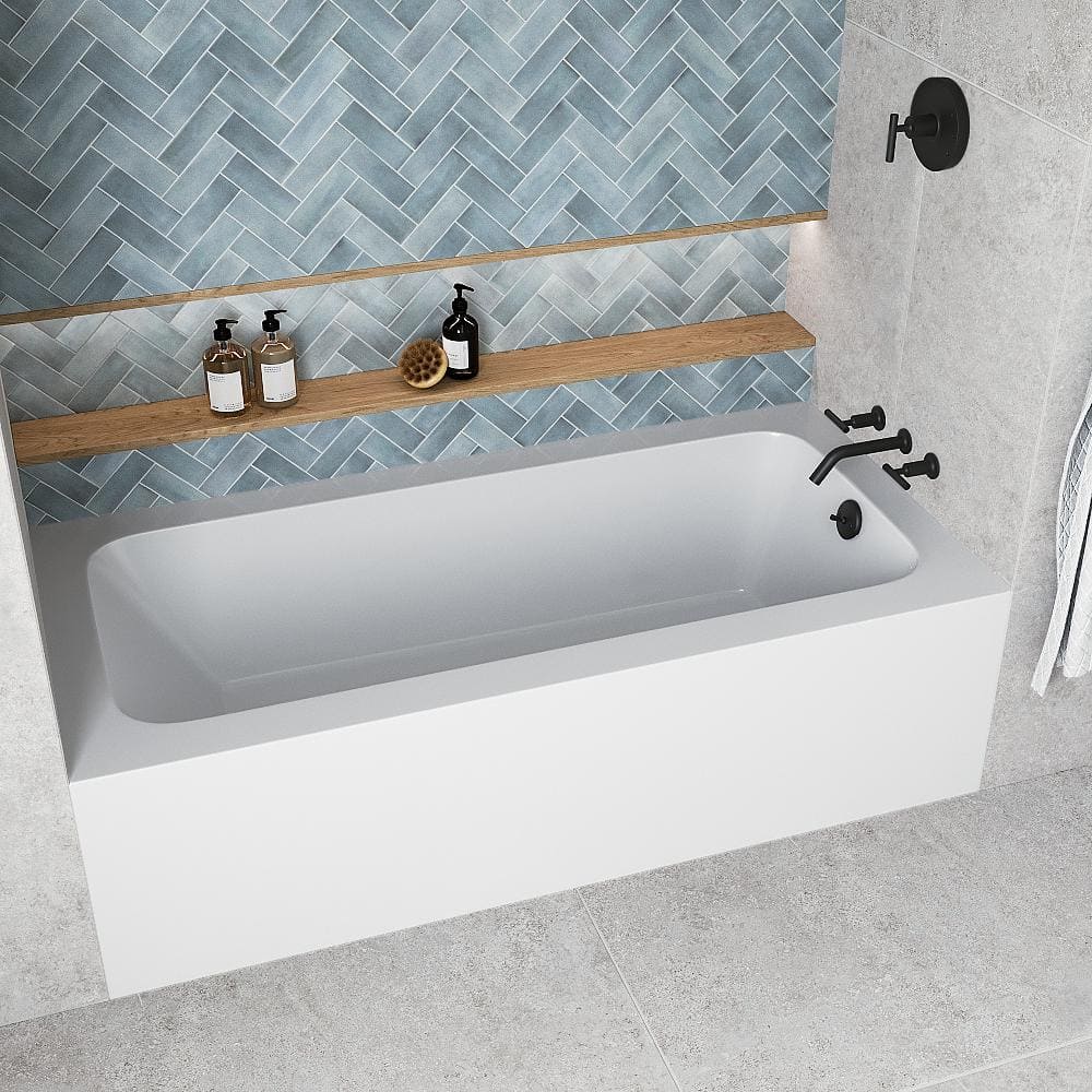 Glossy White Rectangular Acrylic Alcove Bathtub with Matte Black Trim