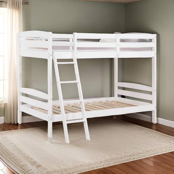 Hina White Twin Bunk Bed with Angled Ladder and Sturdy Slat Design