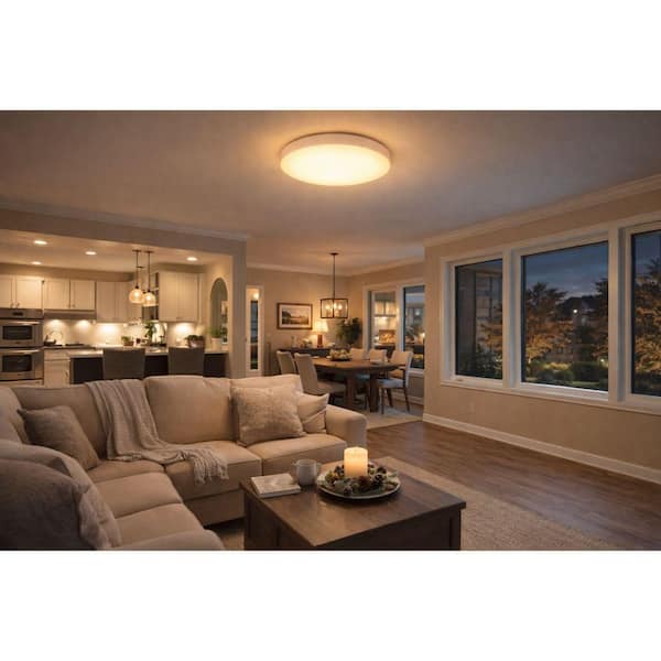 15 in. Round White Flush Mount LED Ceiling Light 24W 120-277V Selectable 2700K-5000K Dimmable Selectable CCT For Indoors