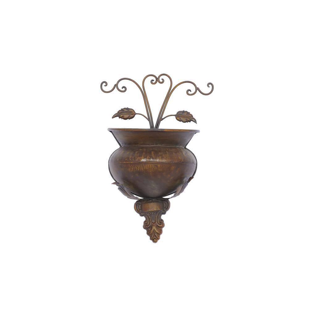 Brown Metal Indoor Outdoor Scroll Wall Planter, 11" x 6" x 18"