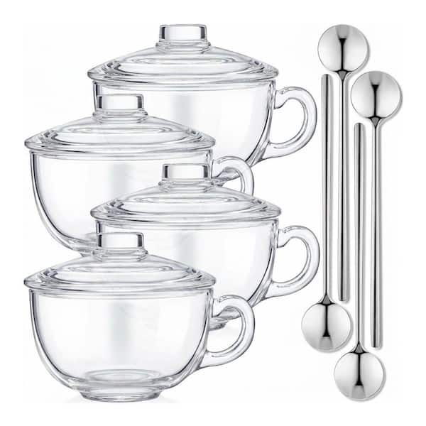 4 Piece Clear Glass Soup Bowl Set with Lids and Handles Microwave Safe with Stainless Steel Spoons for Kitchen
