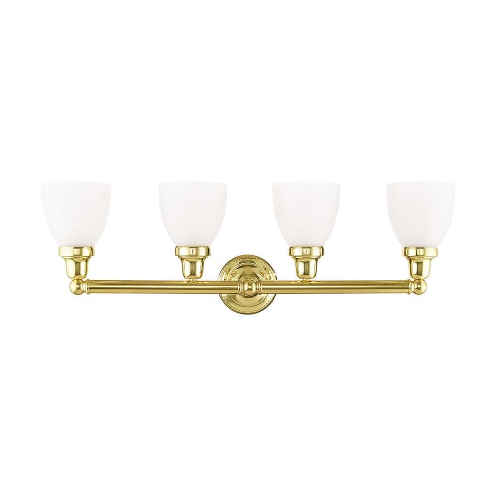 Elegant Polished Brass 4-Light Vanity with Satin Opal White Glass