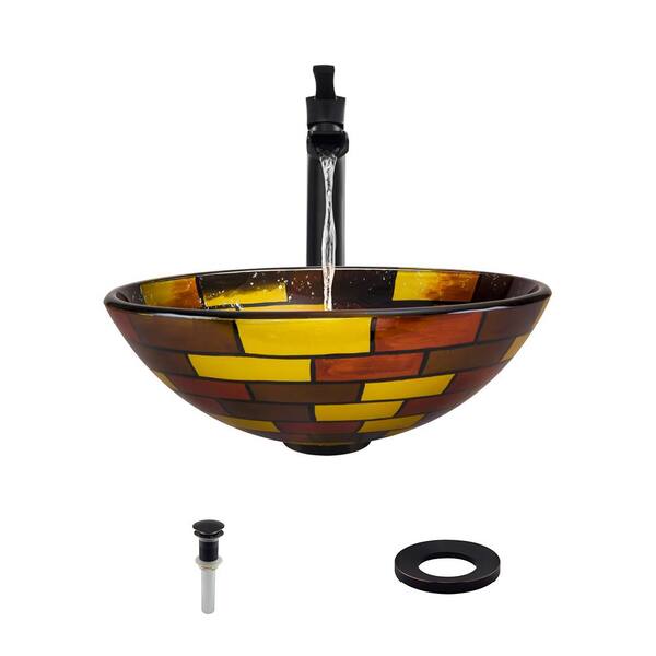 MR Direct Glass Vessel Sink in Stained Glass with 731 Faucet and Pop-Up Drain in Antique Bronze