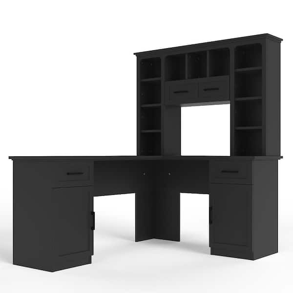 65 in. L-Shaped Black MDF 2-Drawer Computer Desk with Cabinets, 11 Shelves, and Flip-Up Storage