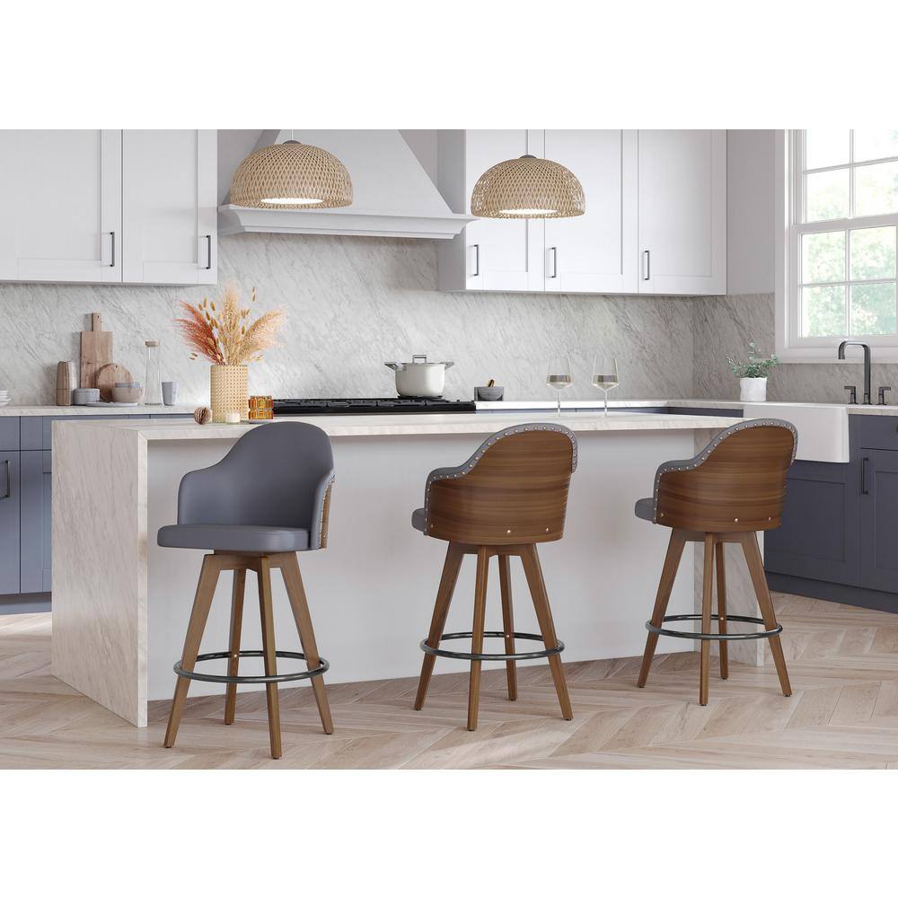 Modern Grey Swivel Counter Stool with Walnut Wood Frame