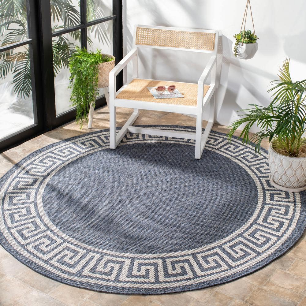 Bermuda 8 ft. x 8 ft. Round Dark Blue/Ivory Geometric Border Washable Indoor/Outdoor Area Rug price history on PriceWatchPro