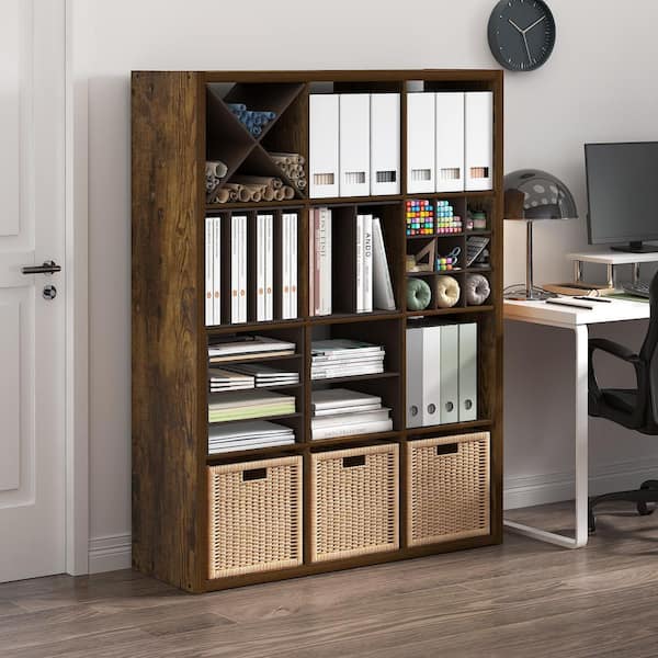 Cubicle 57.95 in. Tall Amber Pine Wood 12-Cube Bookcase