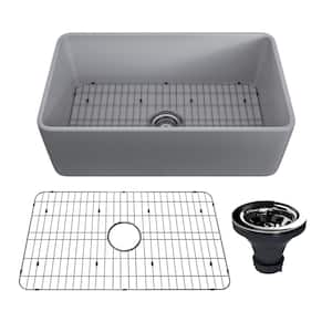 30 in. Farmhouse/Apron-Front Single Bowl Matte Gray S1 Fine Fireclay Kitchen Sink with Bottom Grid and Strainer Basket